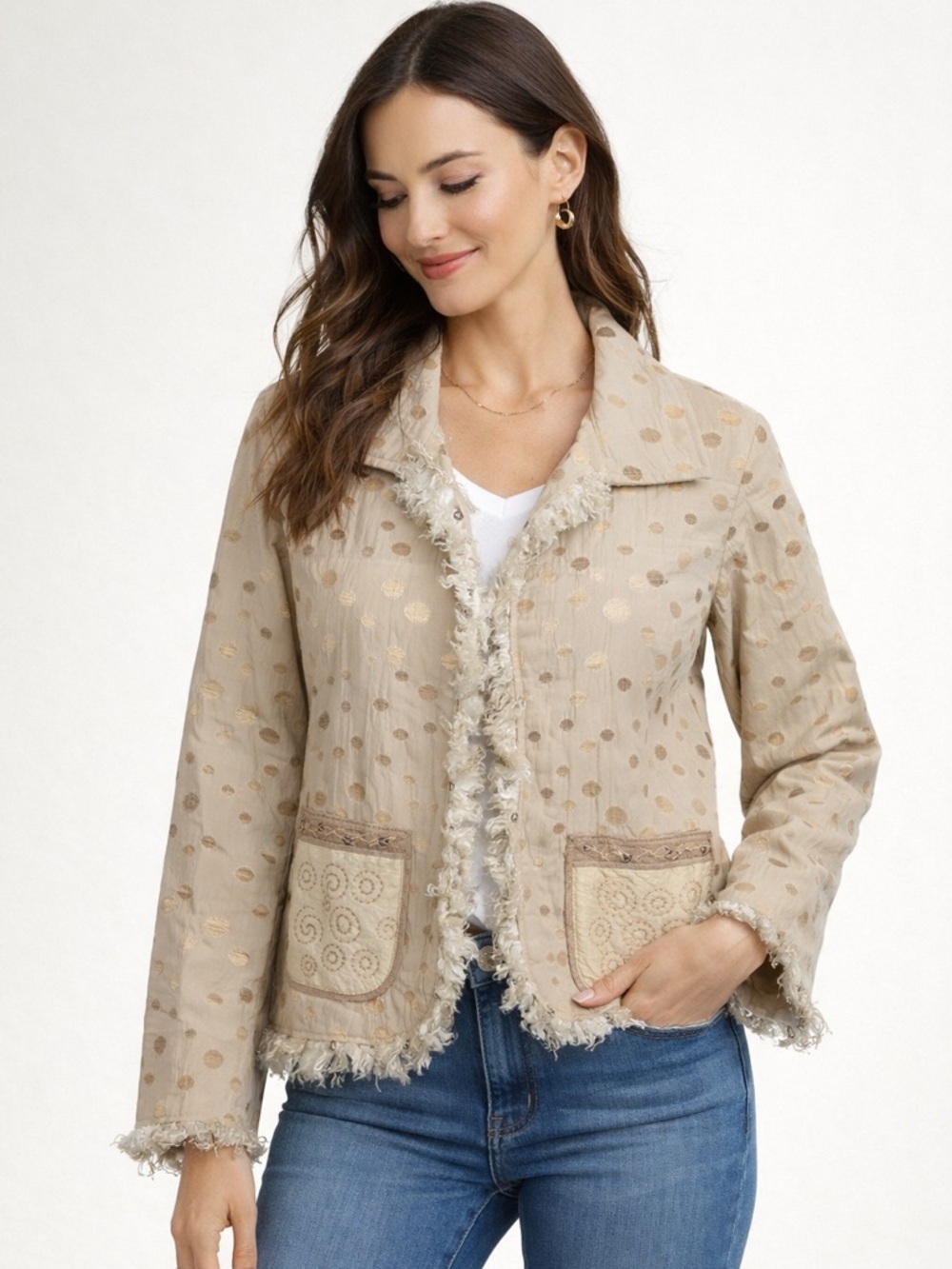 Yak Magik Reversible Vintage Beige Polka Dot Blazer with Fringe